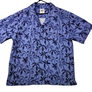 Spicy Tuna Coastal Outfitter Mens Hawaiian Button-Up Shirt Blue Black Palm Large